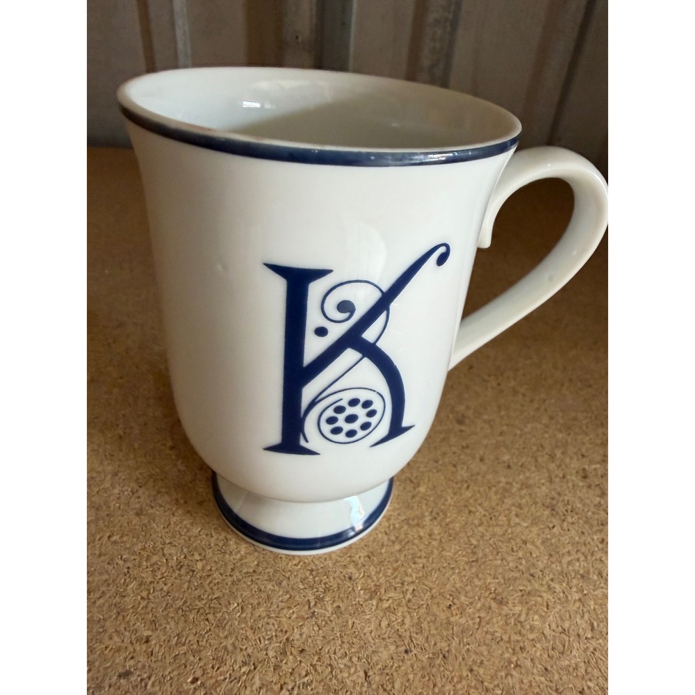 Vintage Monogram K Coffee Mug White Porcelain Navy Blue Letter Footed Japan 4.25
